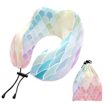 Imagem de CEBUGI Travesseiros de viagem portáteis em forma de U, travesseiro de pescoço de espuma viscoelástica com trava de corda ajustável para avião, viagem, trem, negócios, escritório, soneca (escala