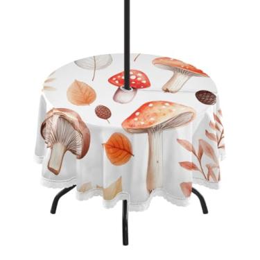 Imagem de CEBUGI Toalha de mesa redonda para uso externo, folha de cogumelo, impermeável, com furo Umberlla, capa de mesa lavável para pátio, cozinha, sala de jantar, 152 cm
