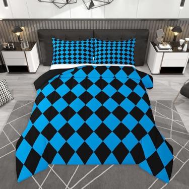 Imagem de Feelyou Conjunto de edredom xadrez de diamante, tamanho casal, quadriculado, xadrez, búfalo, para crianças, meninos, meninas, clássico, xadrez, azul, preto, edredom para decoração de quarto