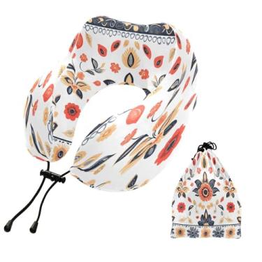 Imagem de CEBUGI Travesseiros de viagem portáteis em forma de U, travesseiro de pescoço de espuma viscoelástica com trava de corda ajustável para avião, viagem, trem, negócios, escritório, soneca (Boho floral)