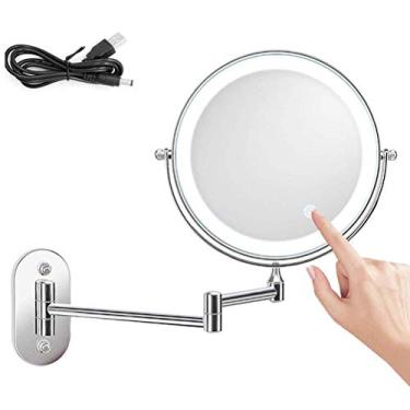 Imagem de LMJYU Espelho de parede para banheiro, espelho de parede iluminado por LED, espelho de maquiagem giratório montável, para barbear de banheiro, quarto, alimentado por USB