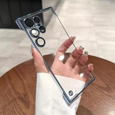 Imagem de HJZSZX Capa de luxo sem moldura para S23Ultra, fina, transparente, com lente de câmera, capa rígida à prova de choque (para S23Ultra/Far Peak Blue)