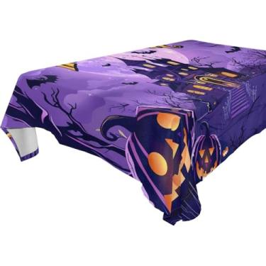 Imagem de YETTASBIN Toalha de mesa quadrada Happy Halloween, impermeável, resistente a manchas, lavável de poliéster para piquenique, jantar, férias, cozinha, festa, decoração, 137 x 137 cm