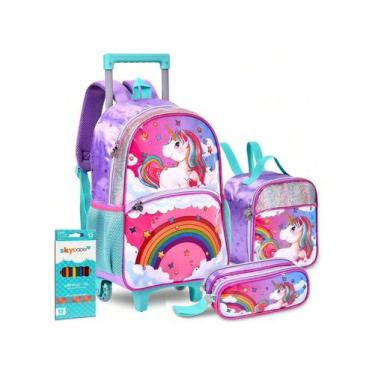 Imagem de Kit Mochila Infantil Unicórnio Rodinhas Estojo Lancheira Meninas Escol