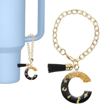 Imagem de Acessórios de berloque de letra para copo Stanley, chaveiro com alça de letra C, charmoso, letra inicial com borla, para mulheres, alça de copo, preto