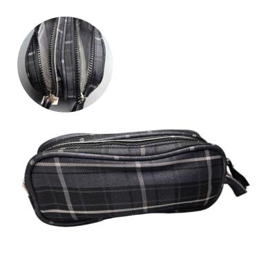 Imagem de Estojo Necessaire Duplo Xadrez Preto Pompom Escolar Maquiagem Grande Caneta Lápis Aula Material