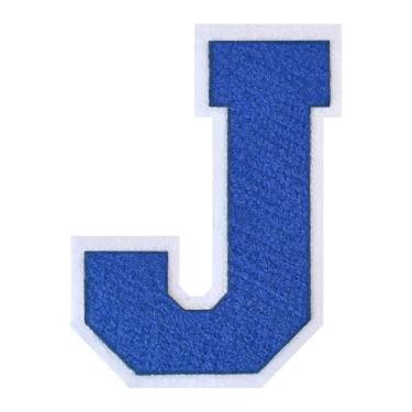Imagem de 1 peça de patch de letra de chenille azul de 15 cm com borda branca – adesivos do alfabeto para roupas, jaquetas, mochilas, chapéus para decoração personalizada, nome personalizado e artesanato. (J)