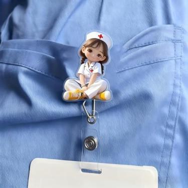 Imagem de Carretel de crachá de acrílico retrátil com clipe jacaré - design fofo de enfermeira, clipe de identificação de enfermeira para trabalhadores médicos/funcionários de escritório/XPJ-13