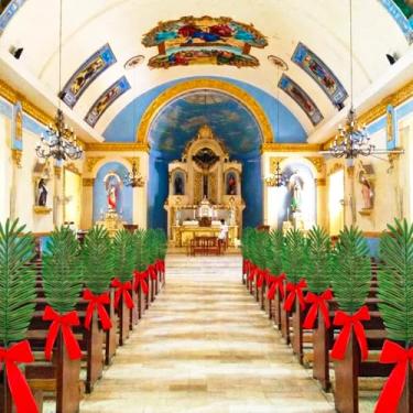 Imagem de FineCheer 12 peças de folhas artificiais de palmeira vêm com fita vermelha de folhas de palmeira falsa planta tropical falsa com hastes para decorações de palmeira de domingo, igreja, banco, 65 cm de