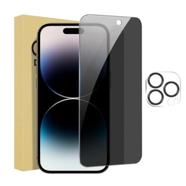 Imagem de Pacote com 1 protetor de tela de privacidade para iPhone 14 Pro Max de 6,7 polegadas com 1 pacote de protetor de lente de câmera, película de vidro temperado antiespião, antiarranhões, sensível ao