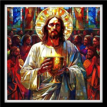 Imagem de DMCVIVR Kits de ponto cruz estampado para iniciantes e adultos, kits de bordado para iniciantes, kit de cruz para iniciantes, 11 quilate - A taça dourada de Jesus 45,7 x 45,7 cm