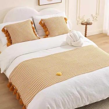 Imagem de HSTANGKY Lenço de cama de hotel moderno toalha de cama com franjas, borlas penduradas, cor sólida, listrada, roupa de cama decorativa, plissada, protetor de cama - laranja||90 x 230 cm para cama de