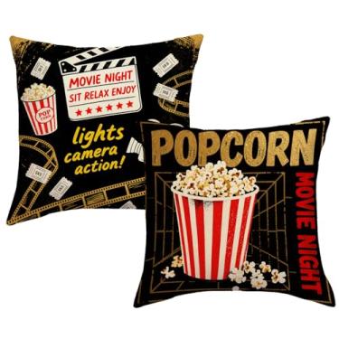 Imagem de JAERUE Fronhas vintage para noite de cinema 45,7 x 45,7 cm com tema de pipoca com palmas de pipoca, capas de almofada, 2 unidades, decoração de home theater para amantes de filmes (preto/dourado)