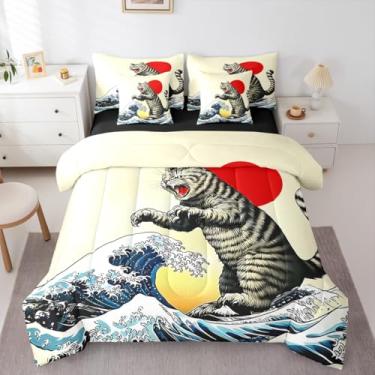 Imagem de Erosebridal Conjunto de edredom de gato japonês engraçado com 7 peças, Queen, japonês, Ukiyo-E, para quarto de crianças, meninos, meninas, adultos, animais kawaii em uma bolsa, pôr do sol, oceano