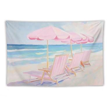 Imagem de Guarda-sóis de praia rosa cadeiras tapeçaria de parede costal decoração de verão pastel arte do oceano para sala de estar quarto pátio relaxante náutico pendurado acento encantador espaços praianos