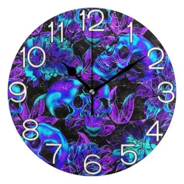 Imagem de GAIGEO Relógio de parede analógico decorativo para escritório, cozinha, operado a pilhas, arte retrô moderna art deco decoração de parede arte colorida caveiras, 25 cm, ponteiros pretos