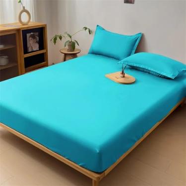 Imagem de Capa de colchão impermeável, lençol de baixo com elástico, protetor de colchão, tamanho casal, cinza/branco, azul, king size (182 x 213 x 46 cm).