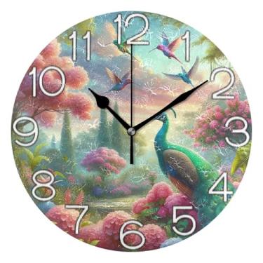 Imagem de Relógio de parede analógico decorativo relógio de cozinha bonito estético silencioso sem tique-taque, arte de parede moderna legal decoração de casa pavão colorido pastel, 25 cm, ponteiros dourados
