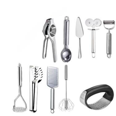Imagem de Kit Utensílios de Cozinha Inox 15 Peças Completo | Pegador Concha Colher Espátula Ralador (Kit 10 peças)