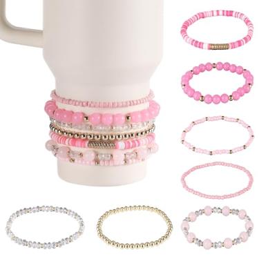 Imagem de 7 peças de pulseiras para Stanley Cup, pulseira de design diferente, empilhar contas delicadas, decoração de pulseiras, acessórios para copo de 1,134 g, 850 g e copos de 7,6 cm de diâmetro (rosa)