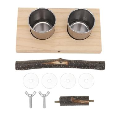 Imagem de Alimentador de gaiola para pássaros com suporte de poleiro Copo de comida de aço inoxidável Plataforma de madeira maciça artesanal Brinquedos de madeira envolventes para
