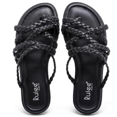 Imagem de Ruiee Sandálias planas de largura larga para mulheres, verão casual trançado pés largos chinelos confortáveis chinelos de dedo aberto praia tanga feminina sandálias., Preto PU 780, 10 X-Wide