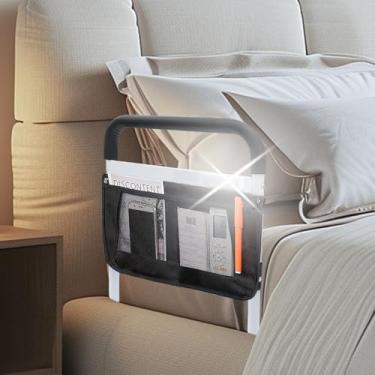 Imagem de Trilhos de cama para adultos idosos segurança com alturas ajustáveis suporte de bolso de armazenamento grades laterais para idosos escorregadores sob colchão protetor de cama de bengala (cinza com