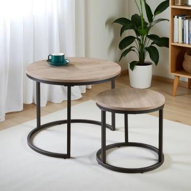 Imagem de CENSI Mesa redonda de 61 cm, mesa de centro de destaque, acabamento em madeira cinza carvalho francês, economia de espaço, estilo industrial moderno