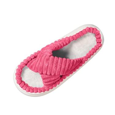 Imagem de Chinelos femininos de inverno com alças peludas, casuais, para uso doméstico, plano e externo, faixa cruzada de pelúcia macia, faixa de tamanhos de superfície disponível, Rosa choque, 38