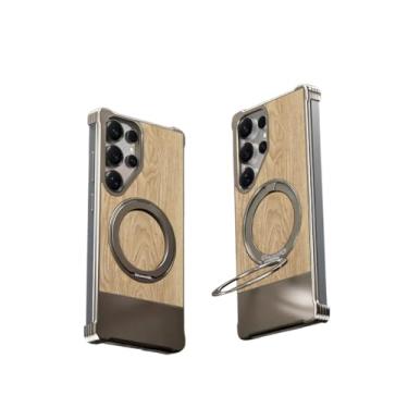 Imagem de Capa magnética para celular com suporte giratório de 360°, capa de metal de grão de madeira compatível com Samsung S25 S24 S23 Ultra, ultrafina de 2,5 mm (dourado, Samsung Galaxy S25 Ultra)