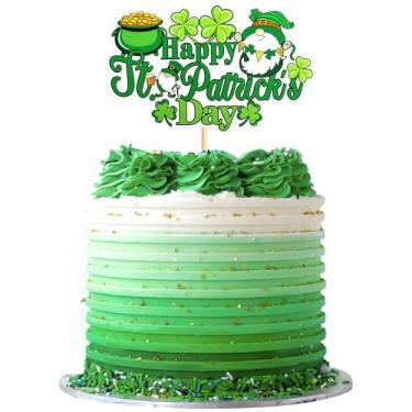 Imagem de Ercadio Pacote com 1 enfeite de bolo Happy St Patrick's Day, palitos de bolo com quatro folhas para decoração de bolo de festa de chá de bebê de São Patrício