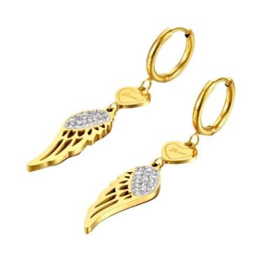 Imagem de Brincos De Argola Em Aço Inoxidável Titânio Com Coração E Asas De Anjo