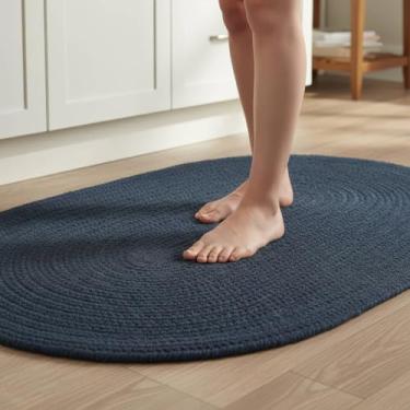 Imagem de Super Area Rugs Tapete trançado azul-marinho pequeno para entrada - Revestimento de piso lavável tecido para pia de cozinha Tapete azul sólido - Oval 50,8 cm x 76,2 cm