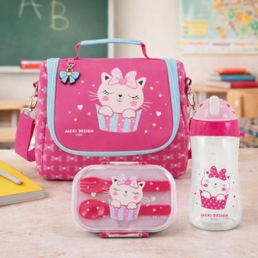 Imagem de Kit Bolsa Térmica Infantil e Marmita Lancheira com Garrafinha Para Merenda, Escola, Piquenique Passeio e Diversão Alegria das Crianças (Pink Gatinha)