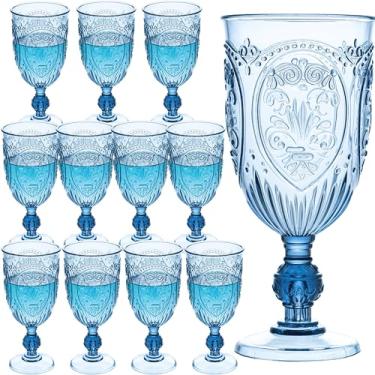 Imagem de Copos de vinho de plástico, 12 peças, taças de plástico de 212 g, copos de coquetel retrô coloridos em relevo, copos de água com haste vintage, taças de água para casamento, suprimentos de festa para