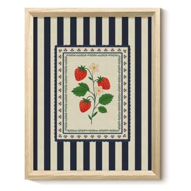 Imagem de VIYYIEA Texturas de madeira emolduradas flores de morango arte de parede para sala de estar, arte de impressão em tela retrô leve para paredes, quarto, cozinha, corredor, decoração de parede de