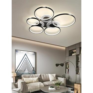 Imagem de Luminária de teto LED moderna e criativa para sala de estar, com design circular, dimerizável e com controle remoto. Ideal para cozinha, escritório, quarto e sala de jantar (preta, 5 lâmpada