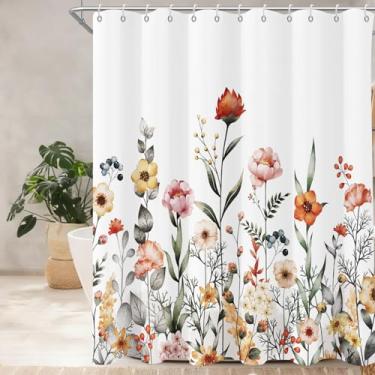 Imagem de Cortina de chuveiro floral para banheiro, aquarela, rosa, laranja, flores, plantas, folhas, floral, banheiro, cortina decorativa, tecido impermeável, flores amarelas, conjuntos de cortinas de chuveiro