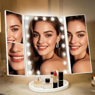 Imagem de Espelho Maquiagem com LED Triplo Dobrável, Espelho de Aumento 2X e 3X, Luz por Toque, USB Recarregável, Base com Organizador e Rotação 180° Portátil para Viagem, Casa e Escritório