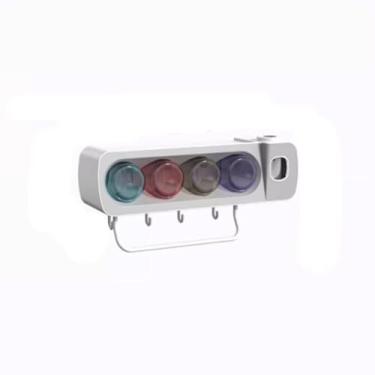 Imagem de Suporte de escova de dentes cinza Suporte de pasta de dente multifuncional Suporte de pasta de dente Suporte de escova de dentes montado na parede Dispensador de pasta de dente Rack de armazenamento