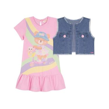Imagem de Vestido Infantil com Colete Jeans Ursinha Kukiê Rosa-Feminino