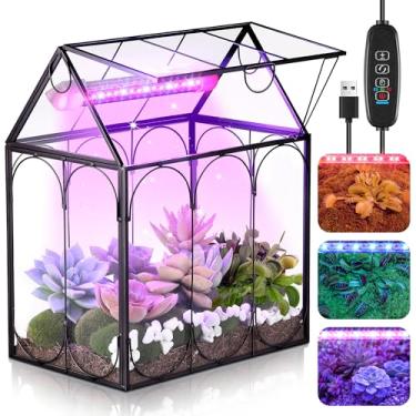 Imagem de Meonum Kit de terrário de vidro minúsculo com luz de cultivo, 18 x 12 x 21 cm, terrário para armadilha para moscas de Vênus com tapete absorvente, temporizador e 3 modos de luz para plantas suculentas