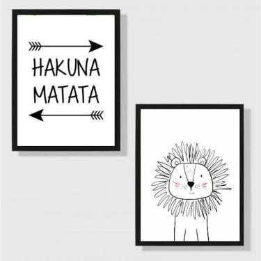 Imagem de Kit 2 Quadros Hakuna Matata Leãozinho 33X24Cm Moldura Preta