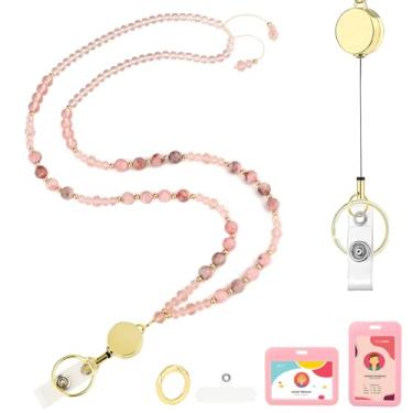 Imagem de AIDSOTOU Cordões para crachás de identificação e chaves, cordão de professor com contas de pedra natural para mulheres, cordão retrátil com porta-identidade, cordões fofos para professores (rosa)