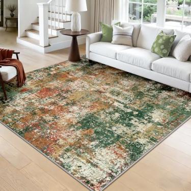 Imagem de RELEANY Tapetes laváveis, quadrados, 2,4 m, antiderrapantes, modernos, abstratos, macios para sala de estar, entrada, quarto, berçário, estampado, verde, laranja, ferrugem, vermelho, creme, colorido