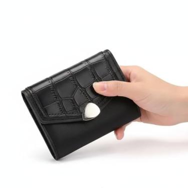 Imagem de Carteira feminina de couro genuíno com dobra dupla/tripla - Suporte minimalista para cartão de crédito com bloqueio de RFID e bolso para moedas, Preto, Casual