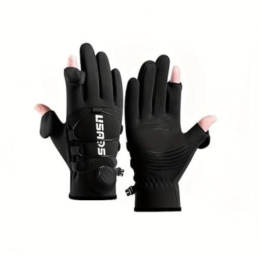 Imagem de Luvas de inverno para homens e mulheres, com fecho de botão giratório, design de dedo aberto, punho estendido, luvas térmicas de dedos para corrida, ciclismo, condução (preto)