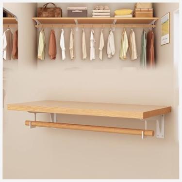 Imagem de Suporte de parede resistente com prateleira superior e haste de pendurar, organizador de armário de madeira maciça que economiza espaço para armazenamento de quarto e armário DIY (natural, 45 cm x 130