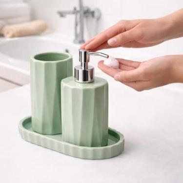 Imagem de Kit Banheiro Cerâmica Verde Agua Porta Escova Porta Sabonete Líquido 4
