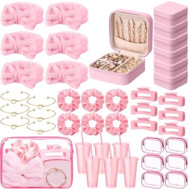 Imagem de Cunno Rosa 42 peças Galentines Spa lembrancinhas de festa do pijama suprimentos de festa faixa de cabelo elásticos pulseira de cabelo estojo de joias bolsa de maquiagem copos de plástico para mulheres